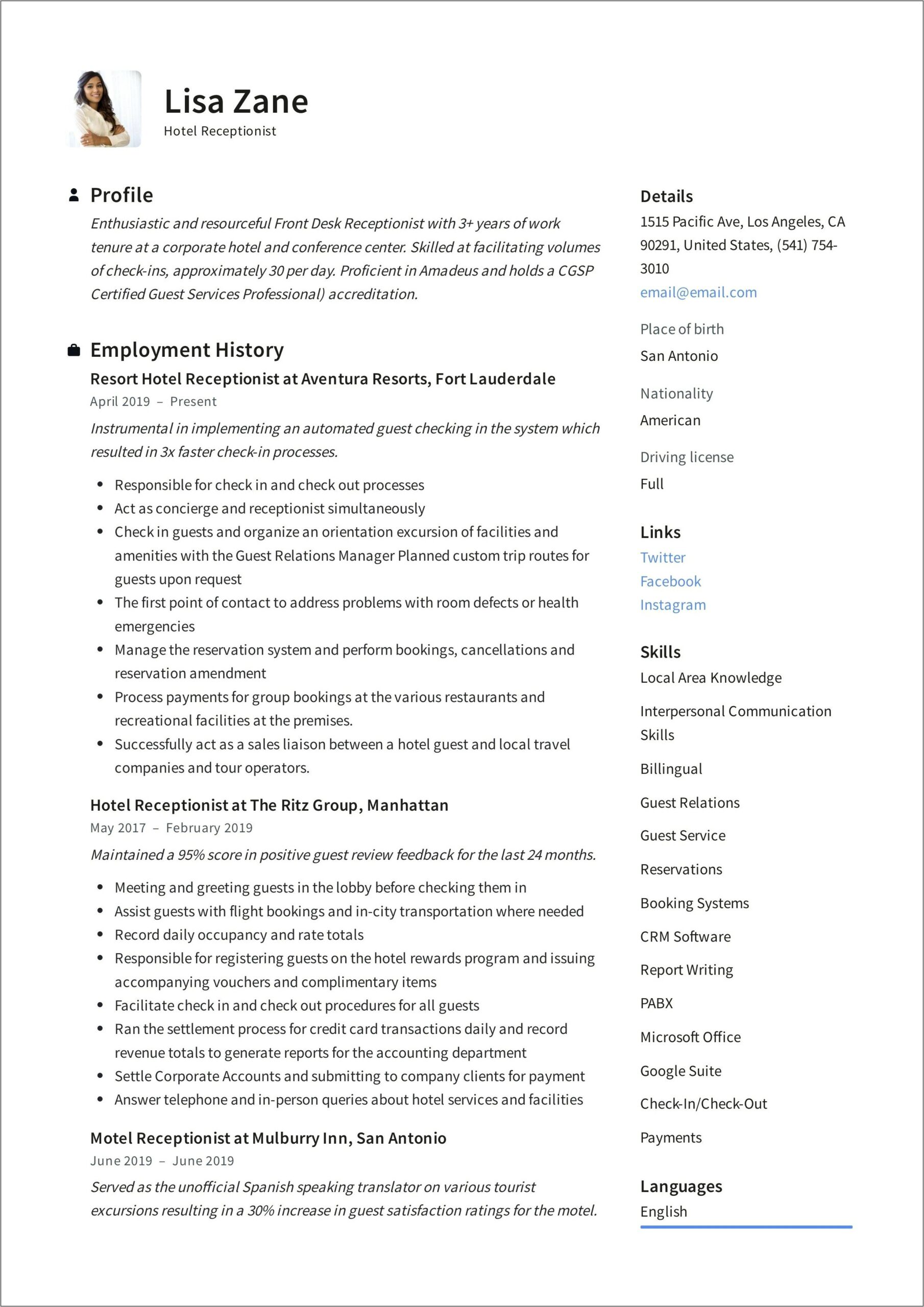 Sample Resume Hotel Front Office Assistant