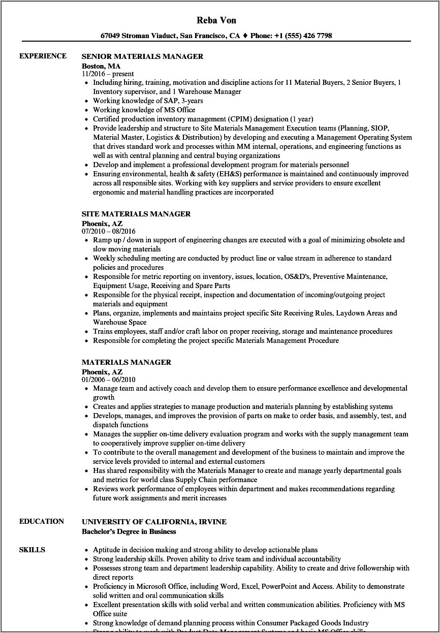 Sample Resume In Materials Management For Retired Employees
