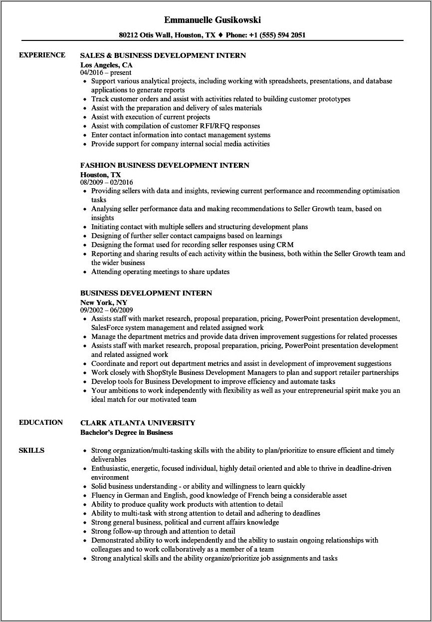 Sample Resume Internship Development International Center