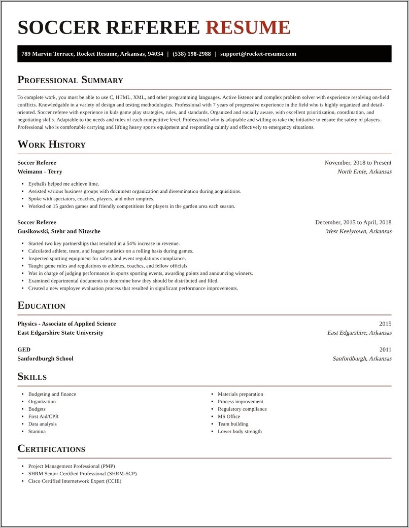 Sample Resume Job Description For Soccer Refere