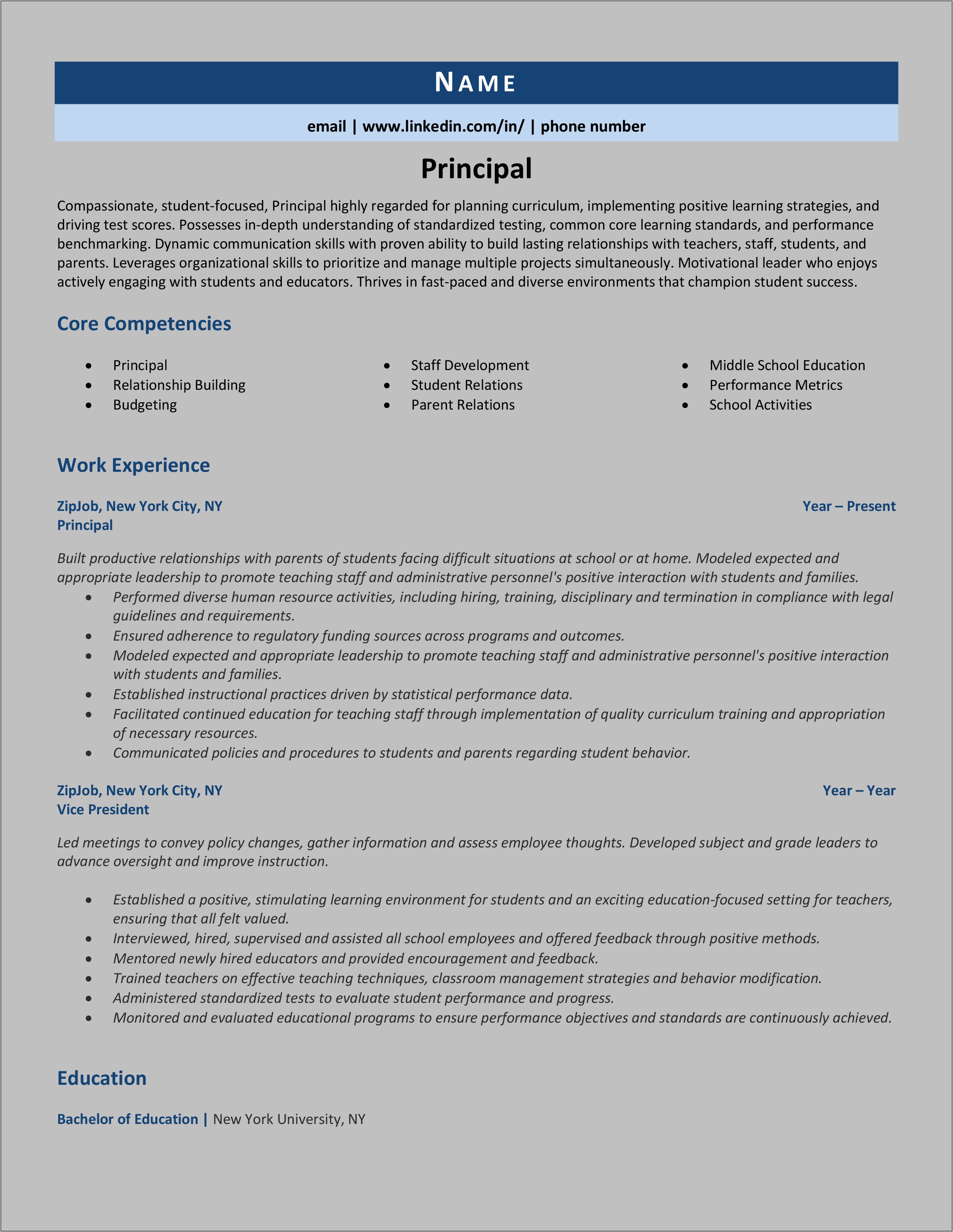 Sample Resume Job Summary For A School Principal