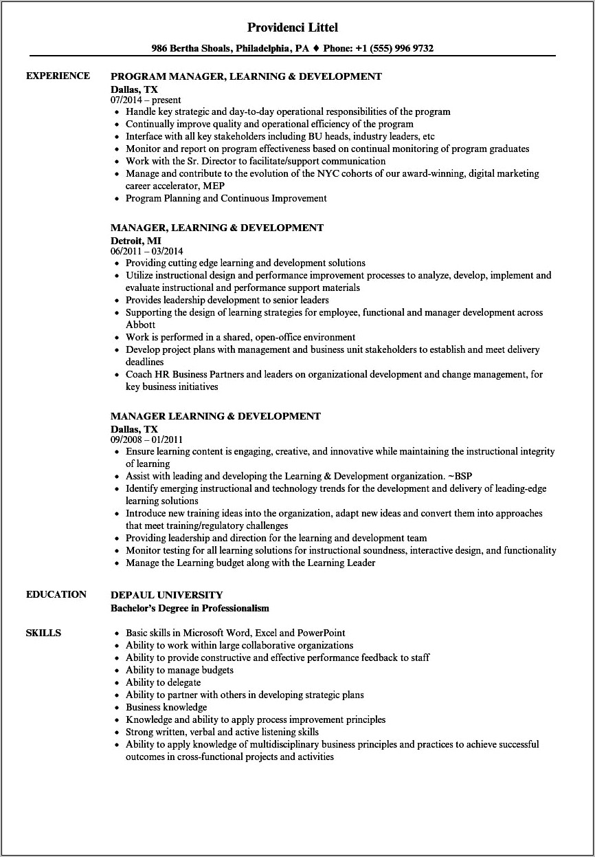 Sample Resume Learning And Development Manager