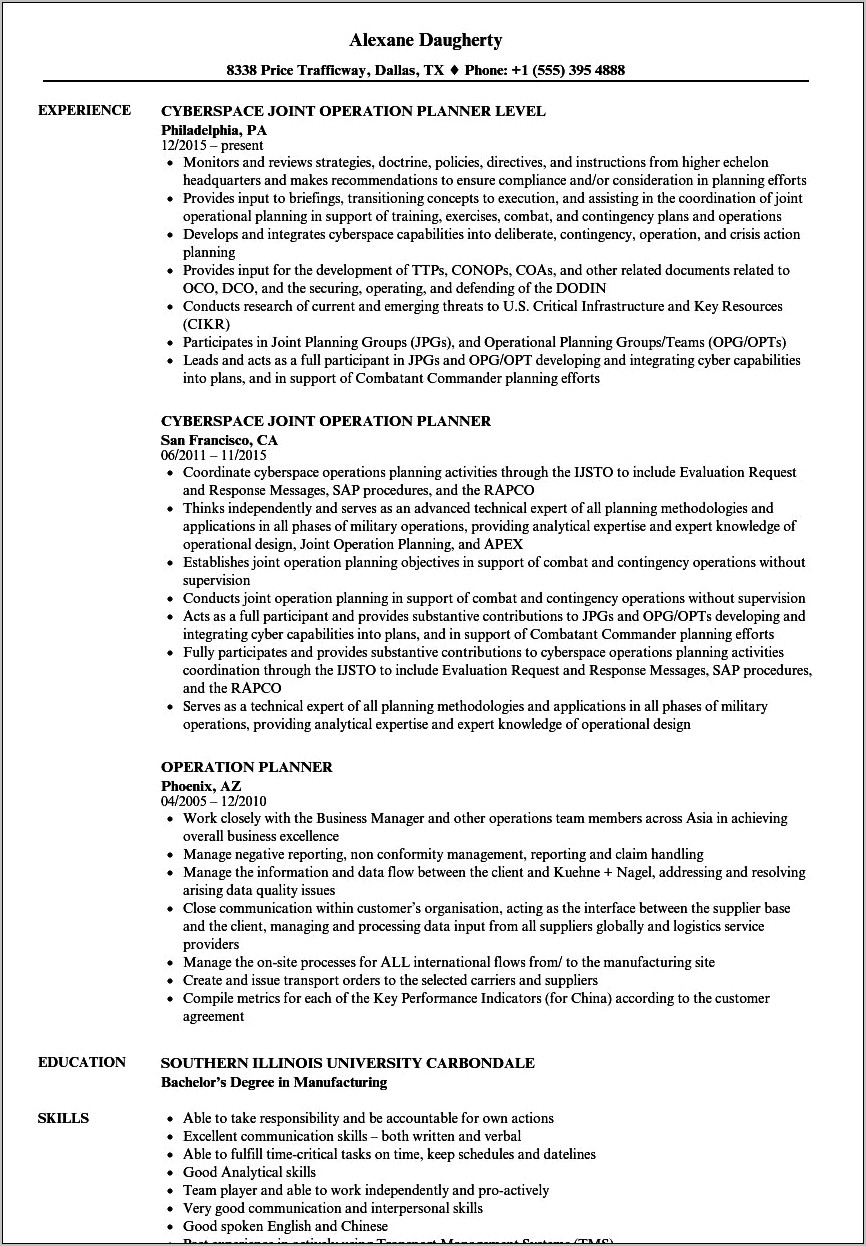 Sample Resume Nepa Planner For Army Installation