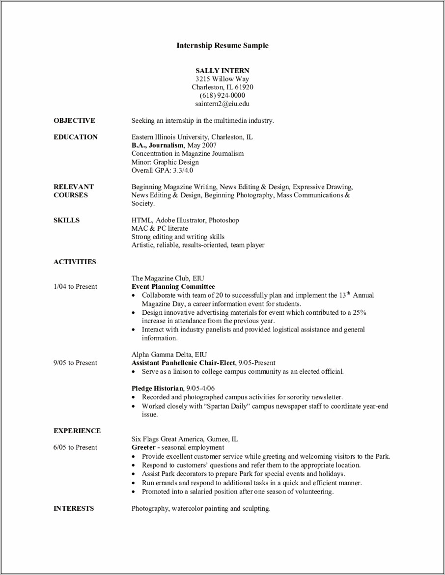 Sample Resume Objective For A College Student