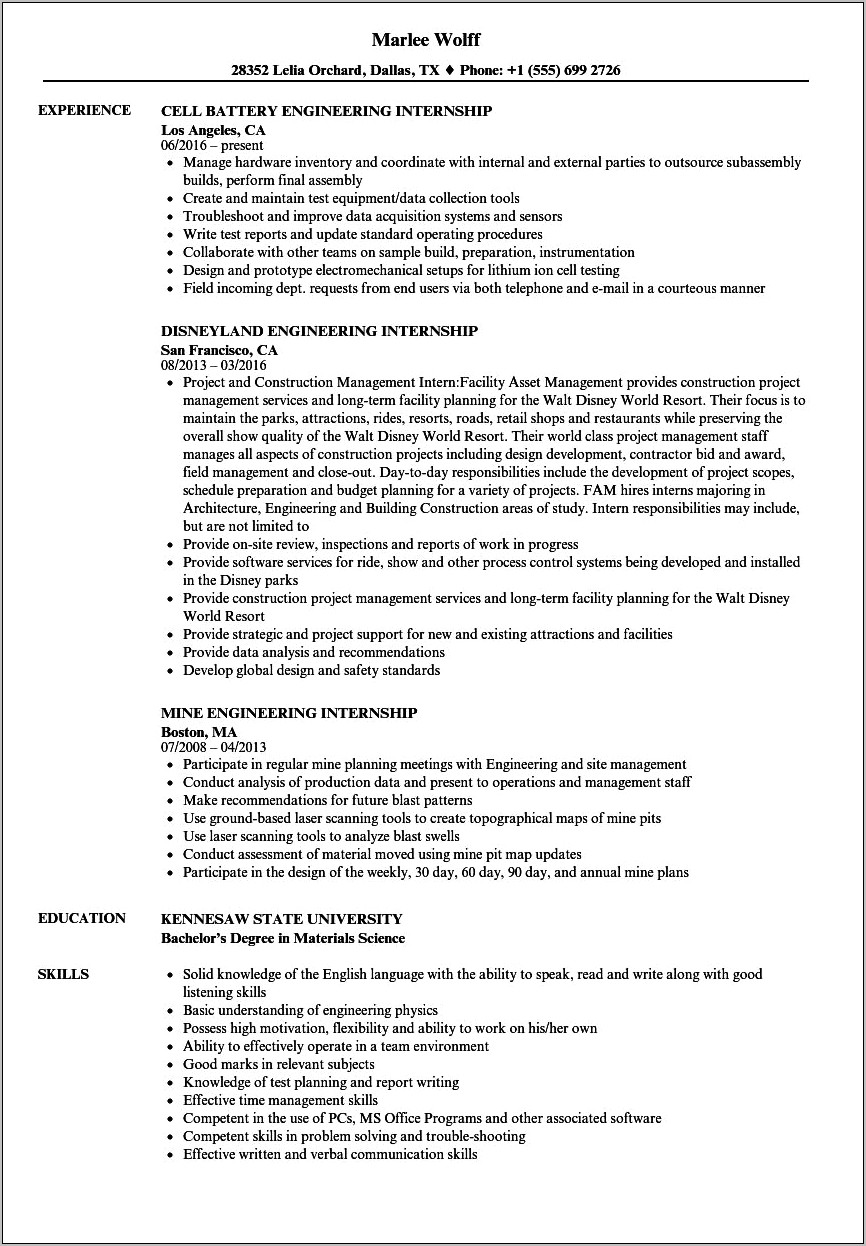 Sample Resume Objective For Aerospace Engineering Internship