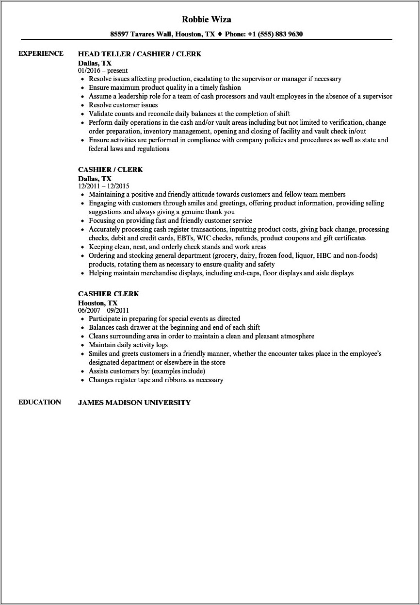 Sample Resume Objective For Cashier Position
