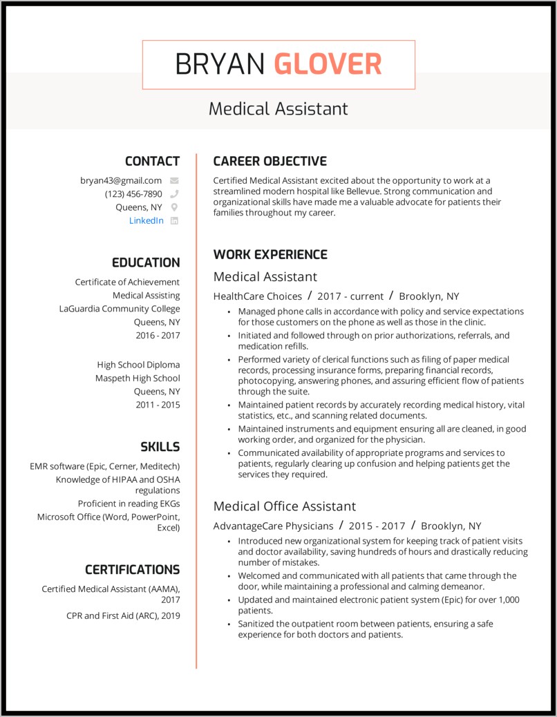 Sample Resume Objective For Medical Field