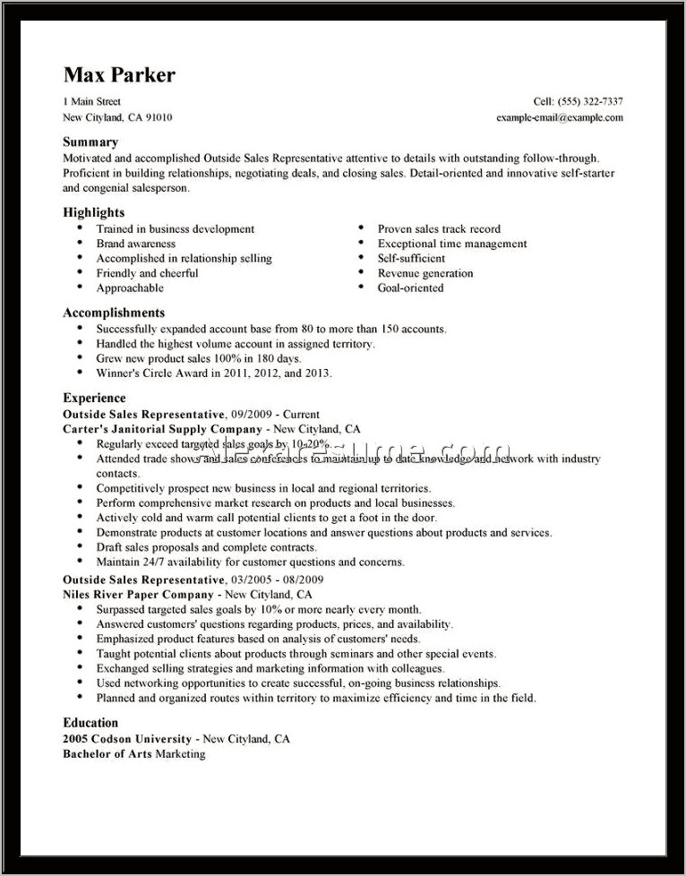 Sample Resume Objective For Sales Position