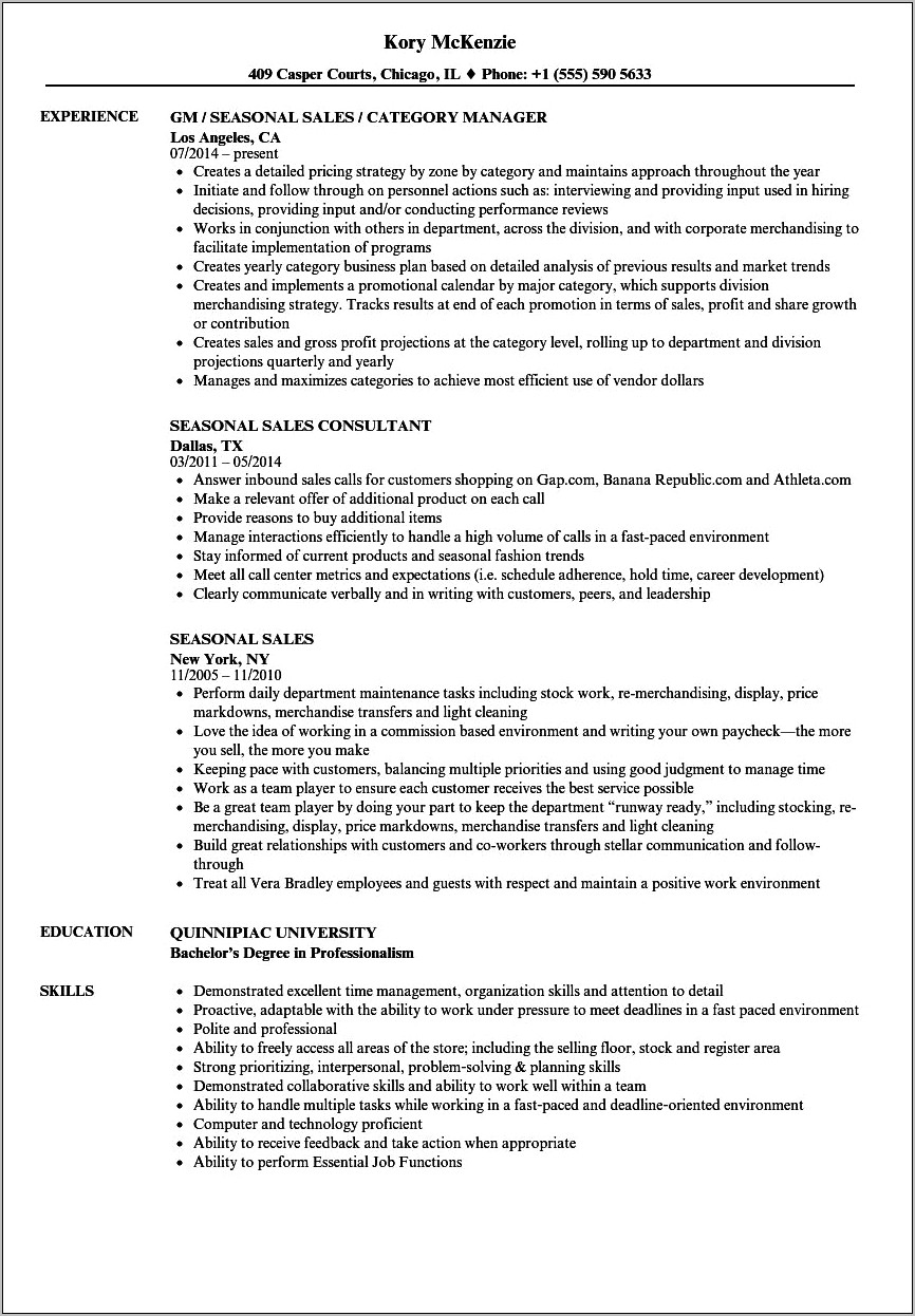 Sample Resume Objective For Seasonal Job