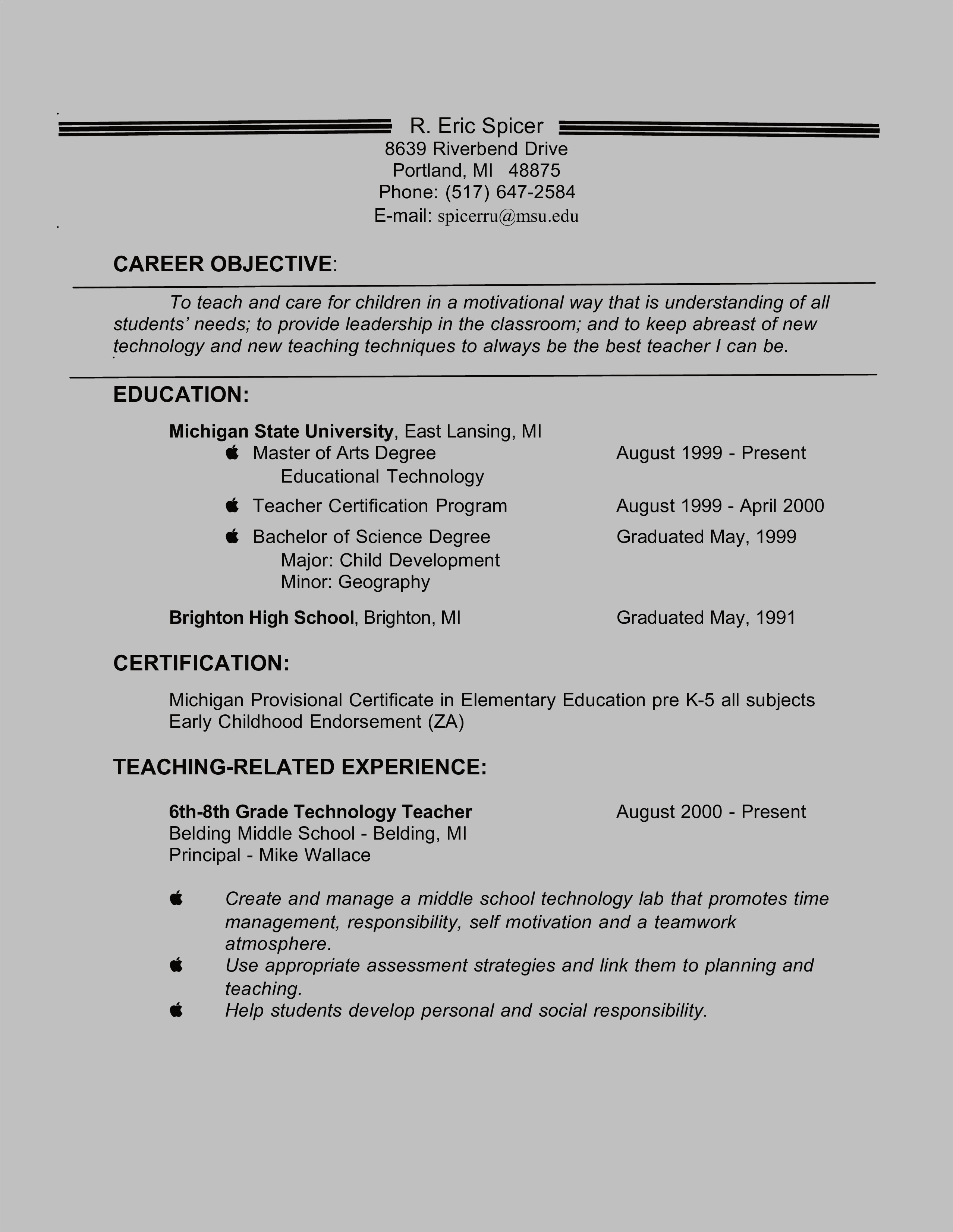 Sample Resume Objective For Teaching Position