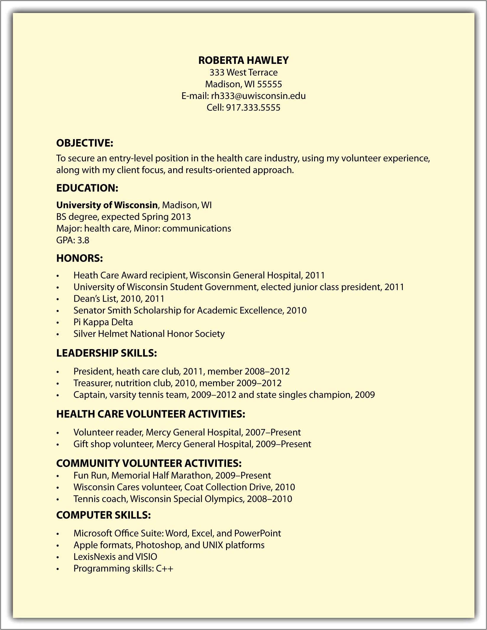 Sample Resume Objective For Volunteer Position