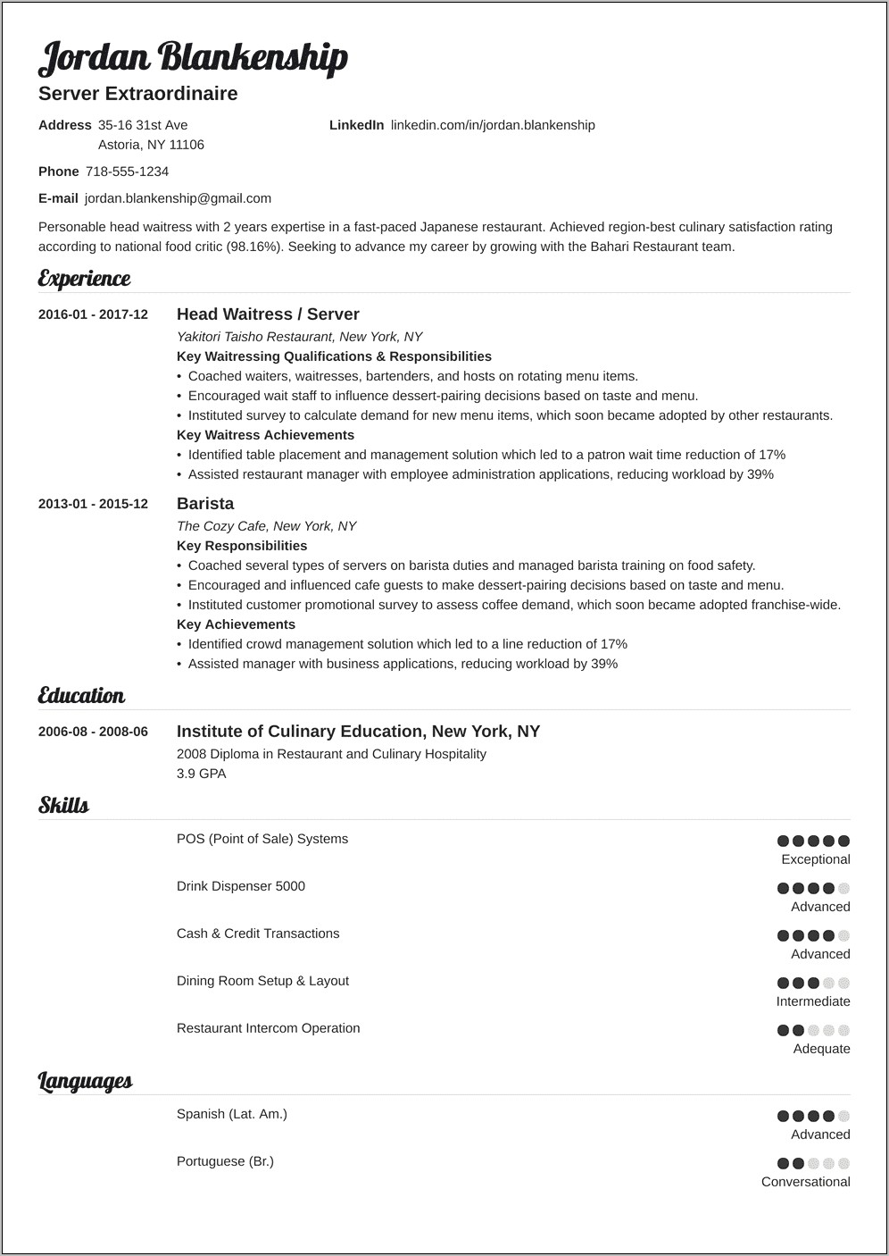 Sample Resume Objective Statement For Food Service