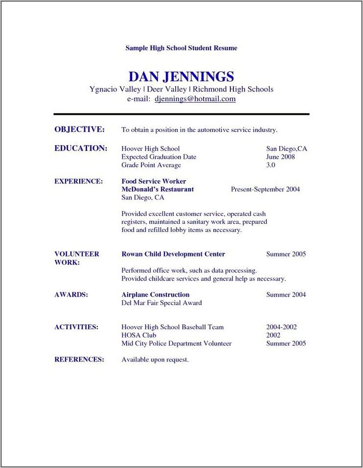 Sample Resume Objective Statements For High School Students