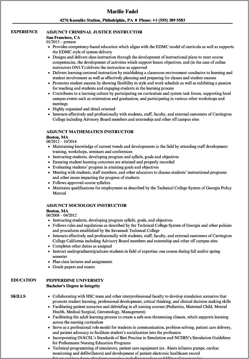 Sample Resume Objectives For Adjunct Professor Position