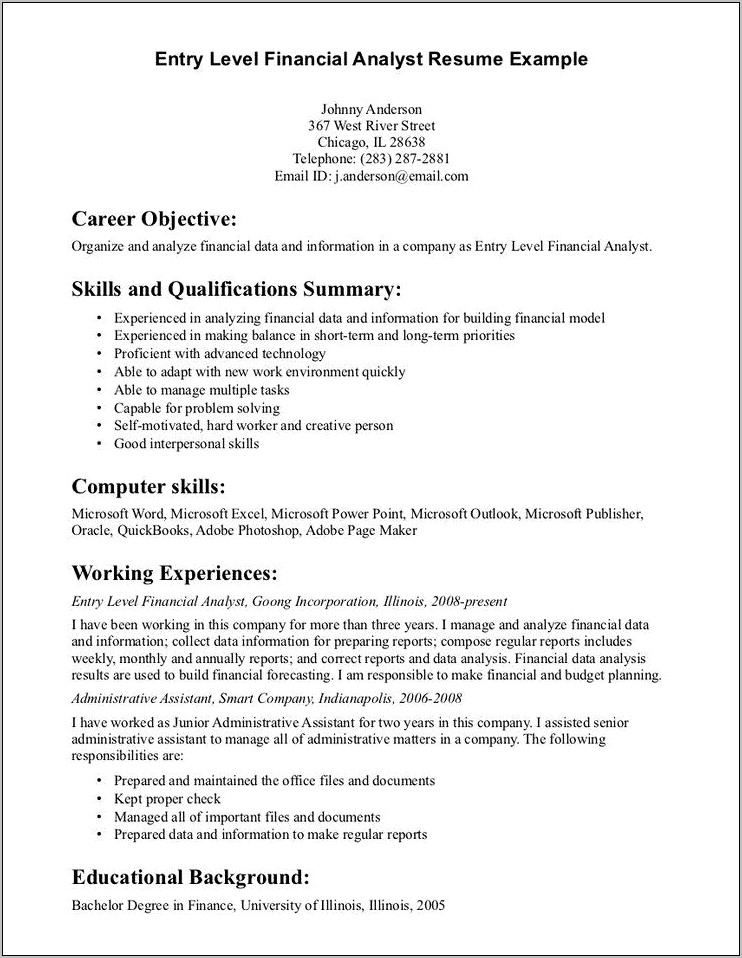 Sample Resume Objectives For Entry Level Finance