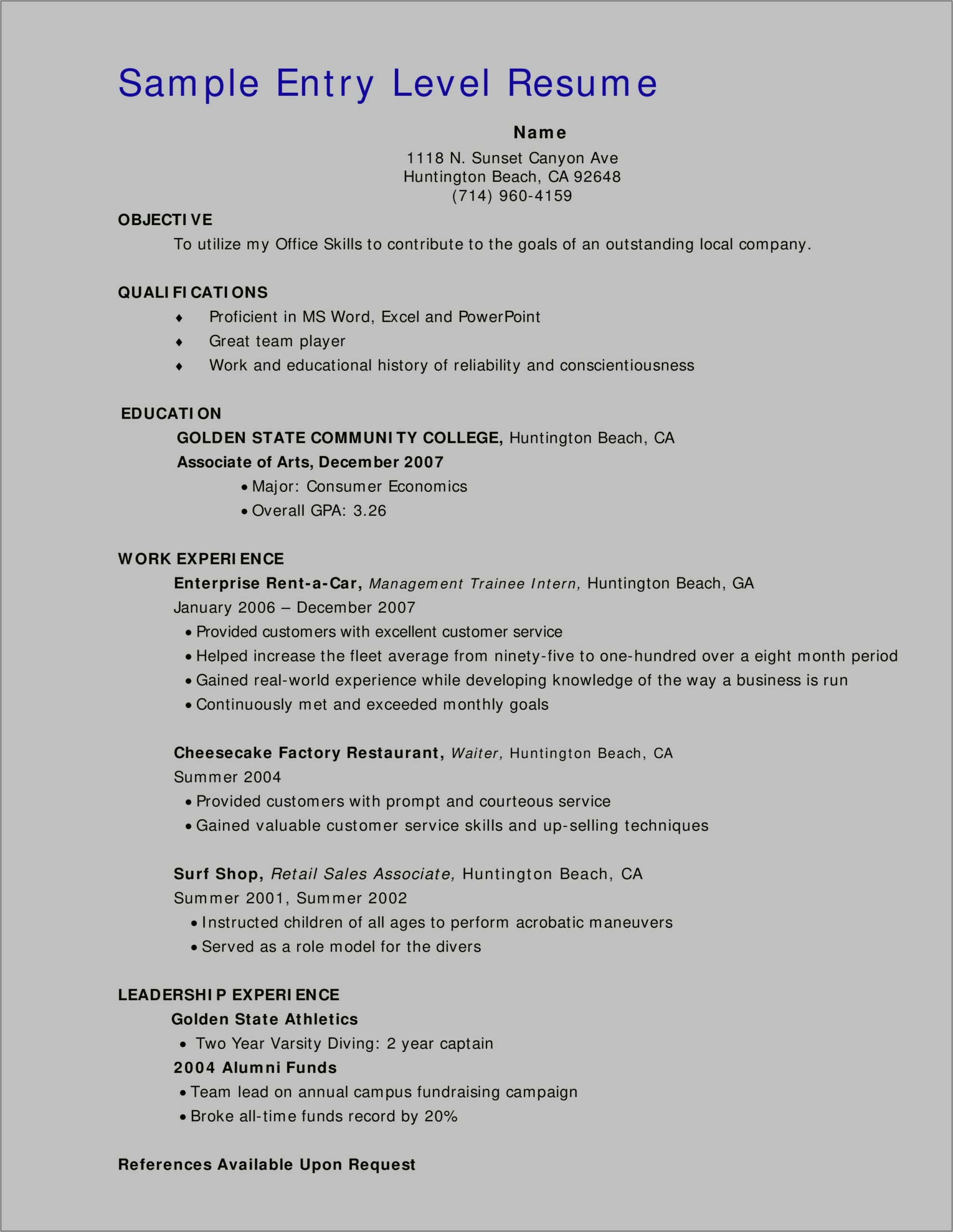 Sample Resume Objectives For Entry Level Retail