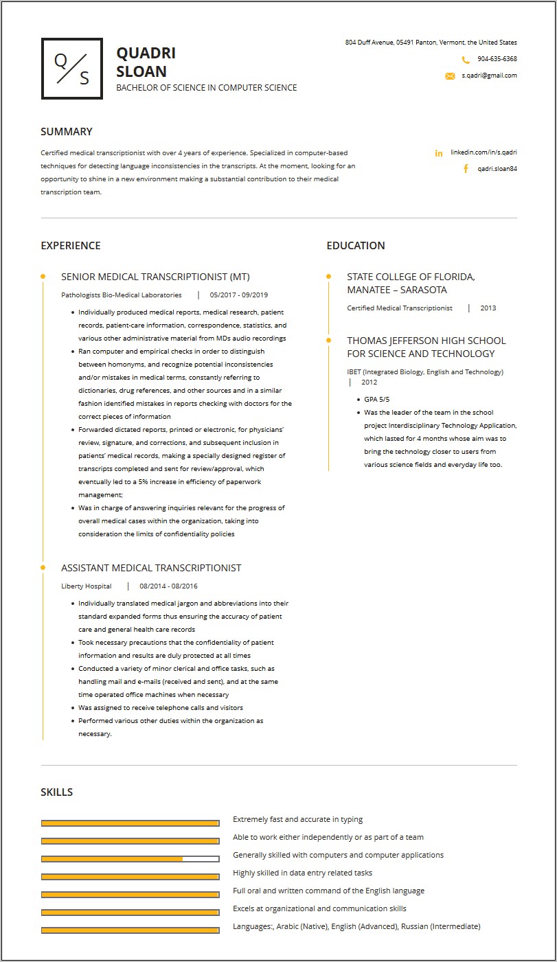 Sample Resume Objectives For Medical Transcriptionist