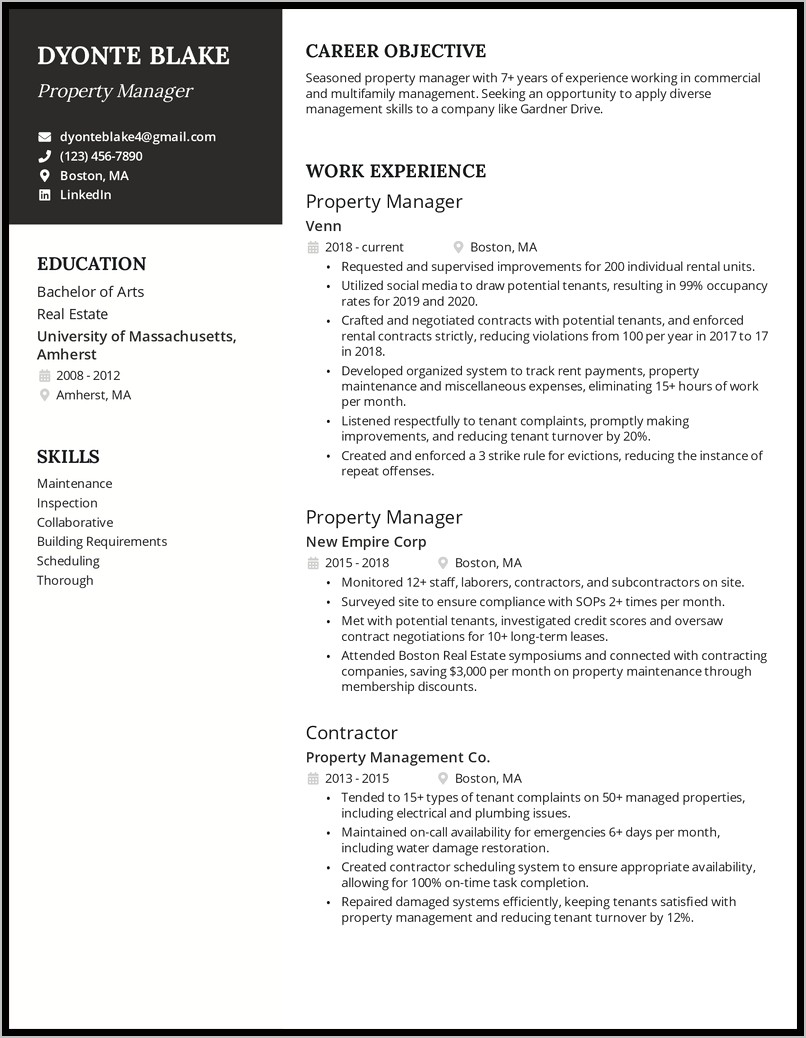 Sample Resume Objectives For Property Manager