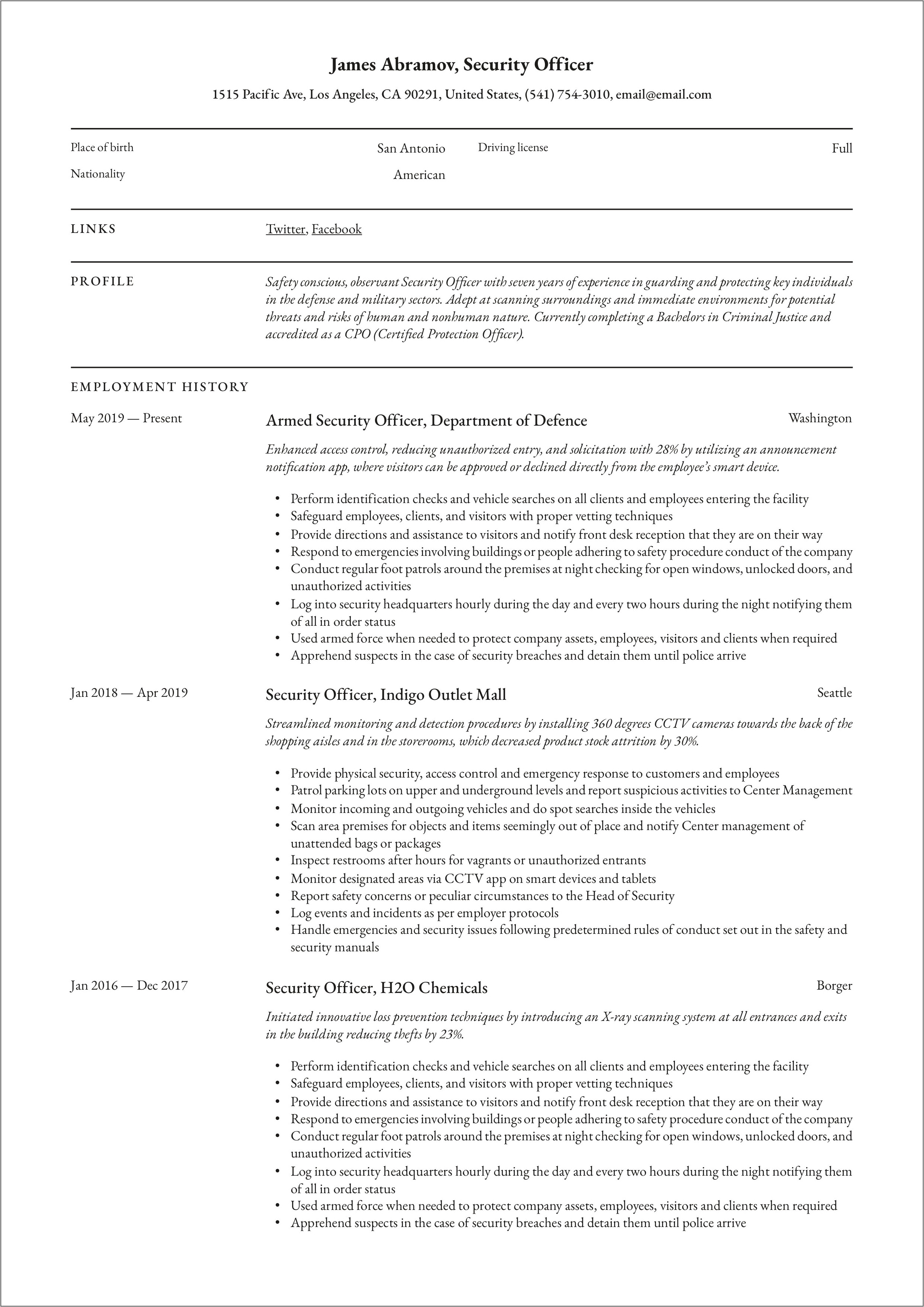 Sample Resume Objectives For Security Officer