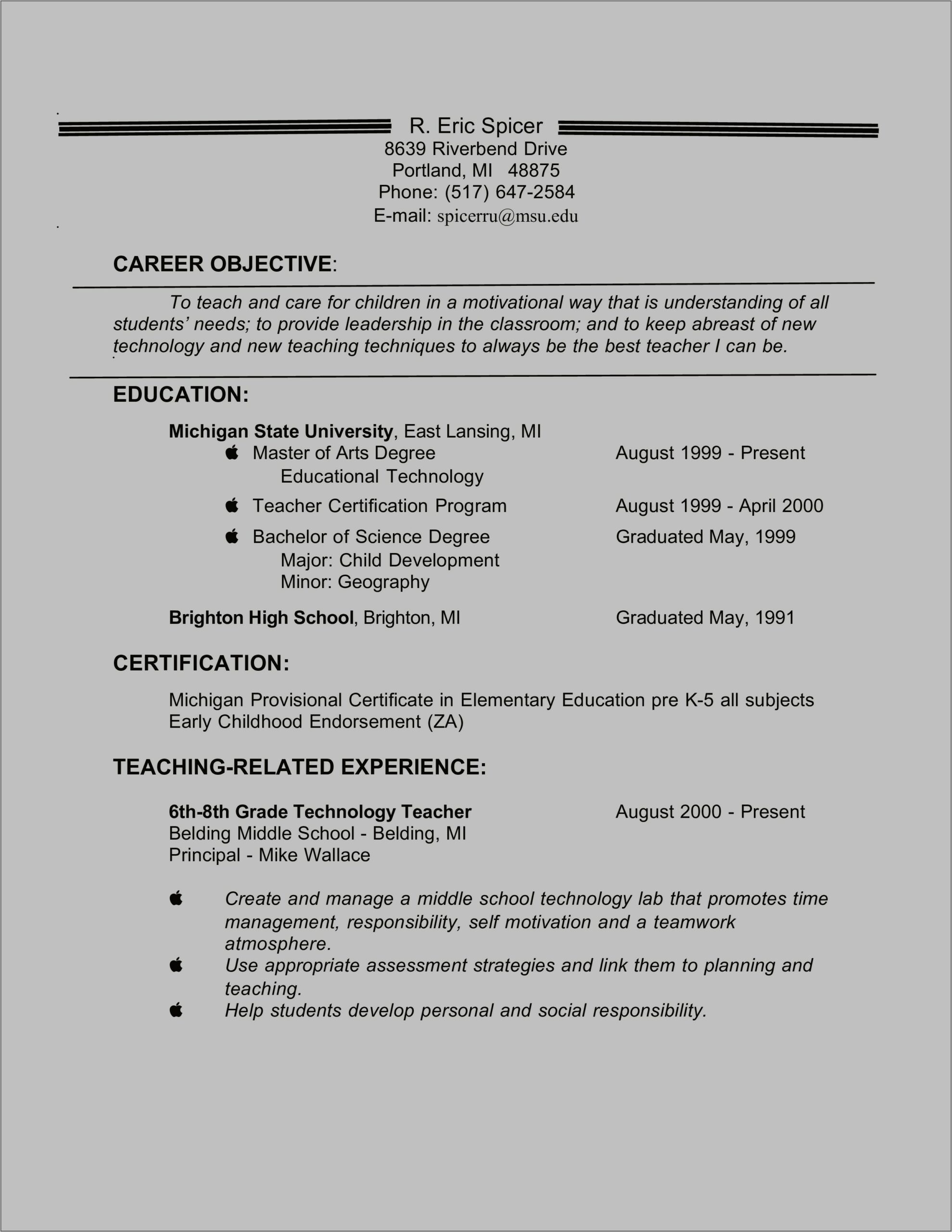 Sample Resume Objectives For Teacher Assistant