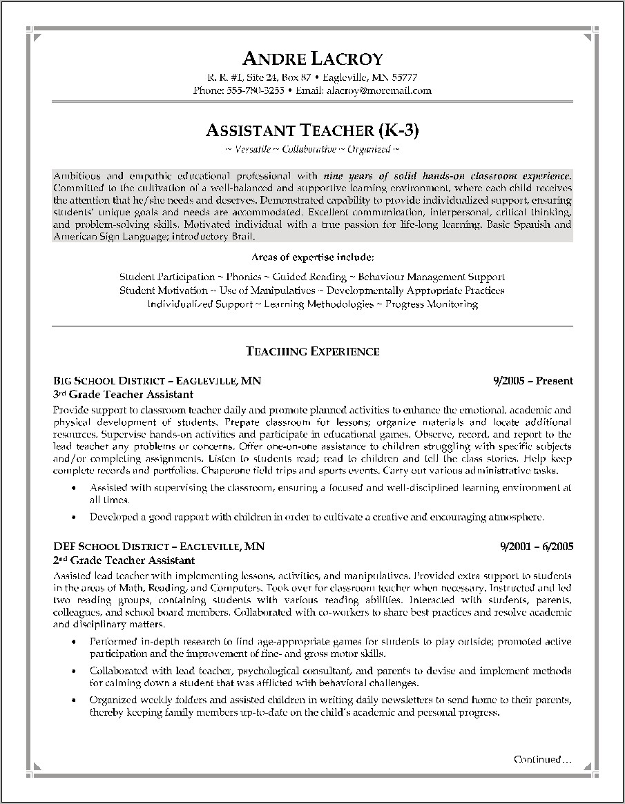 Sample Resume Objectives For Teachers Aide