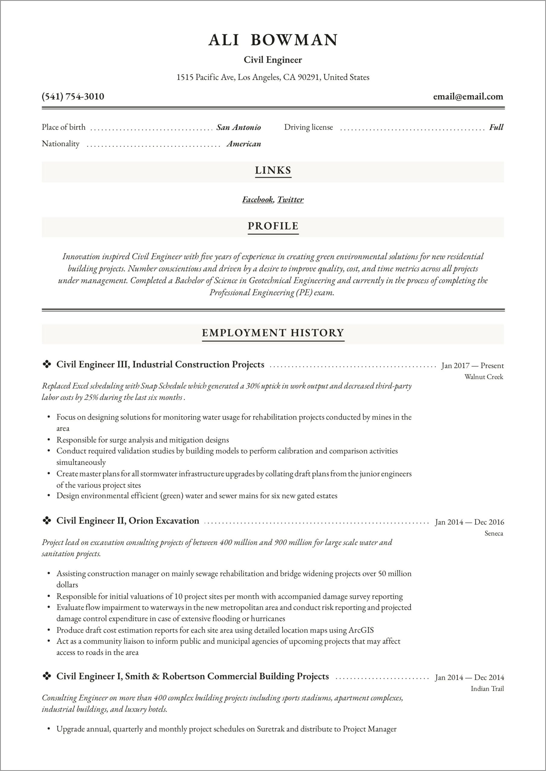 Sample Resume Of A Civil Design Engineer