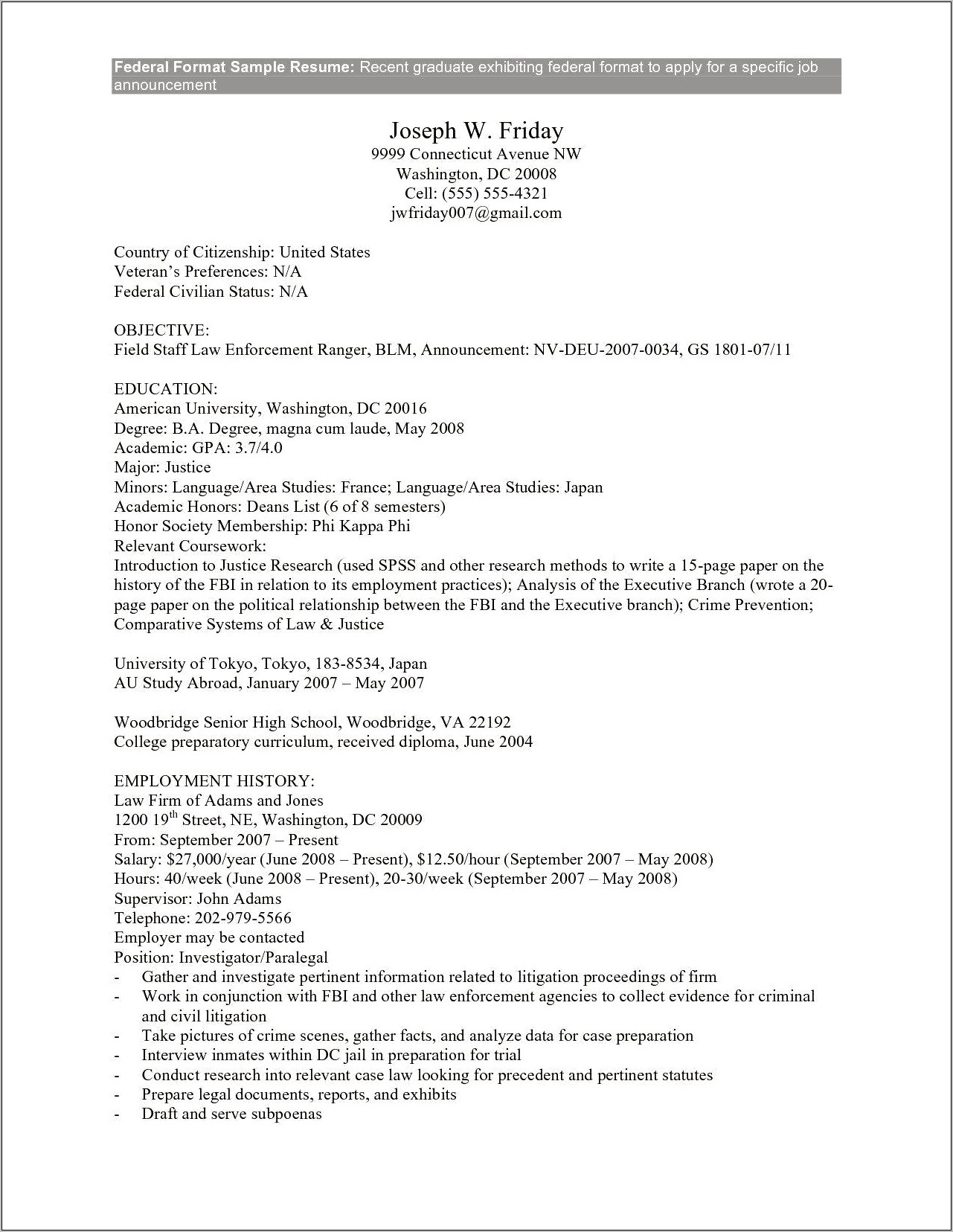 Sample Resume Of A Civilian For Government Job