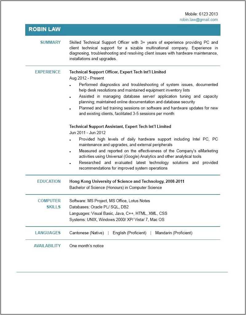 Sample Resume Of A It Support Tech