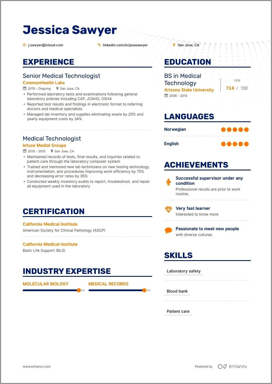 Sample Resume Of A Laboratory Technician