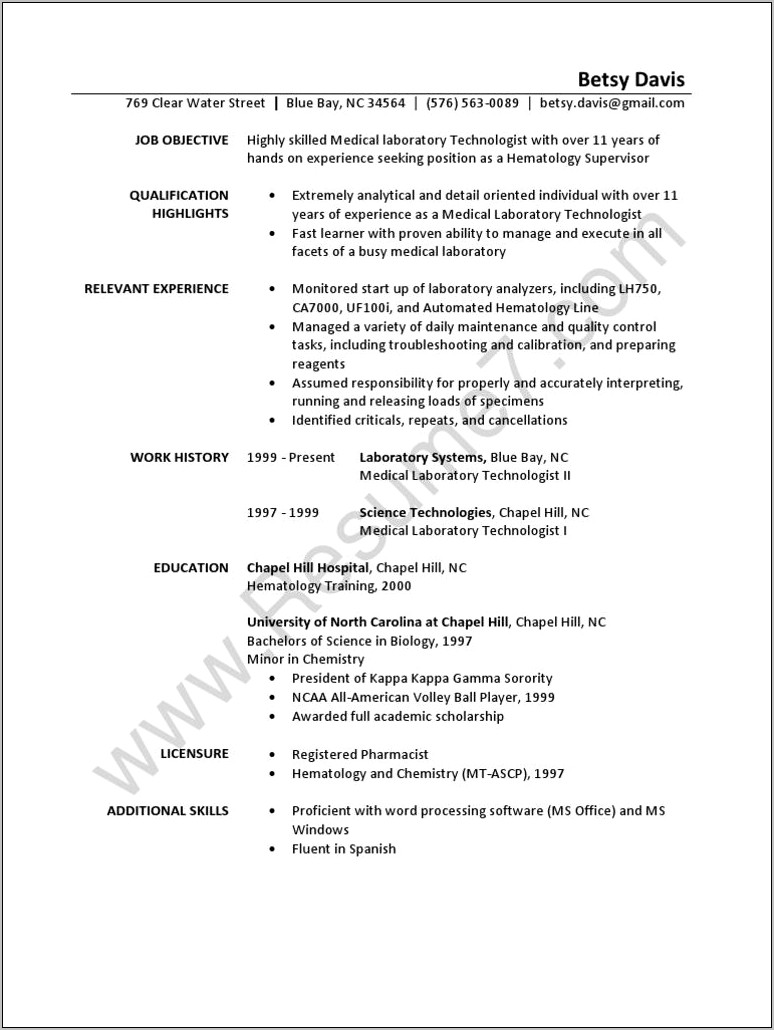 Sample Resume Of A Medical Lab Technician