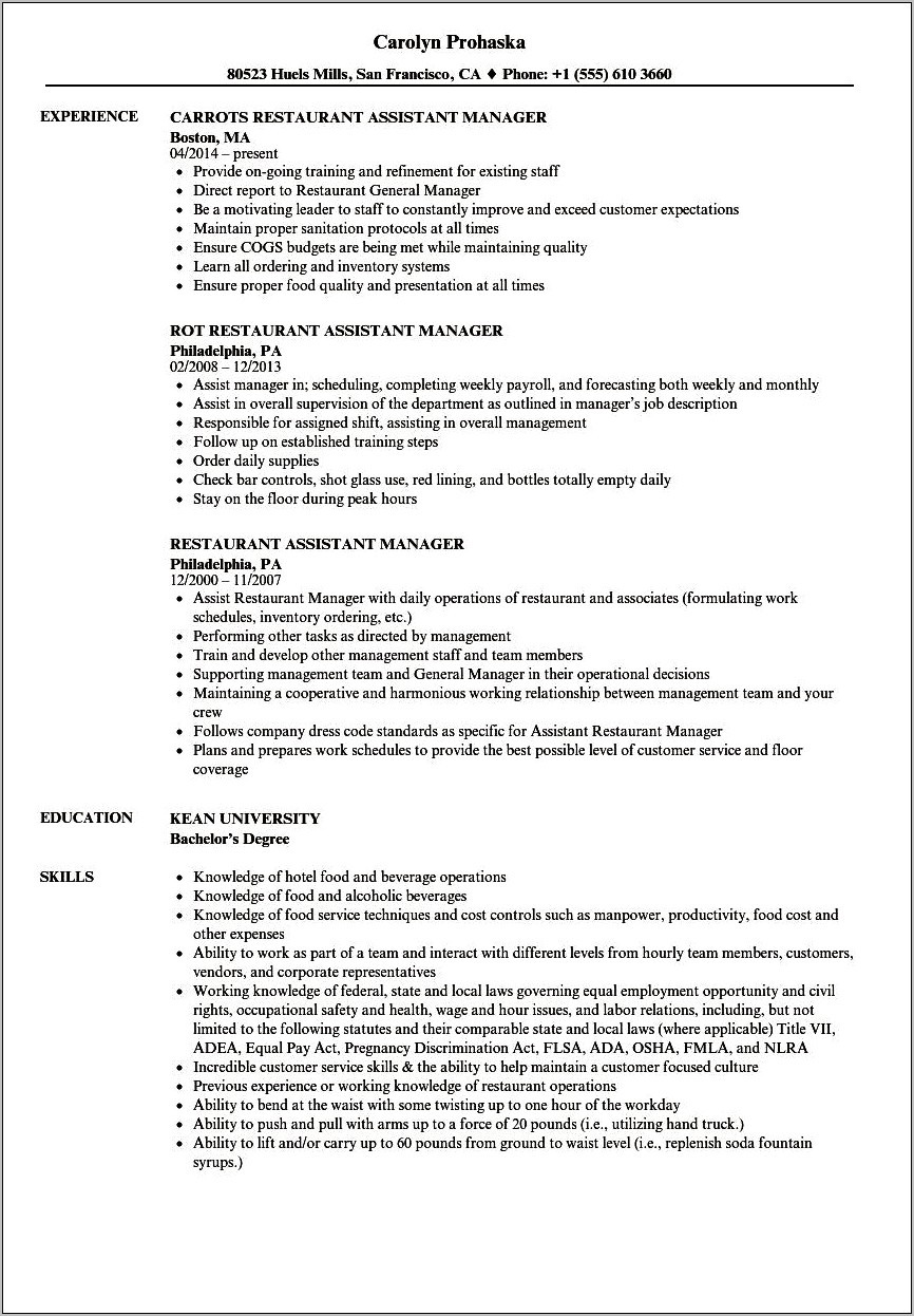 Sample Resume Of A Restaurant General Manager
