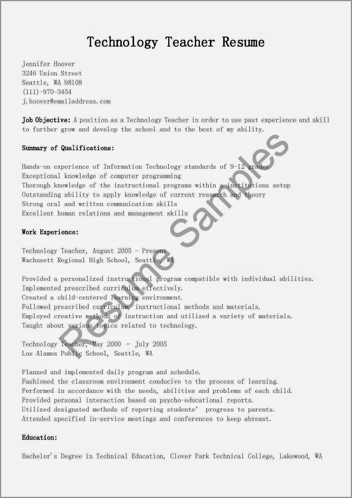 Sample Resume Of A Technology Teacher