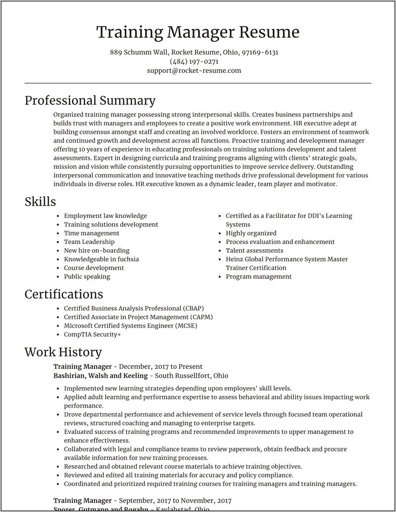 Sample Resume Of A Training Manager