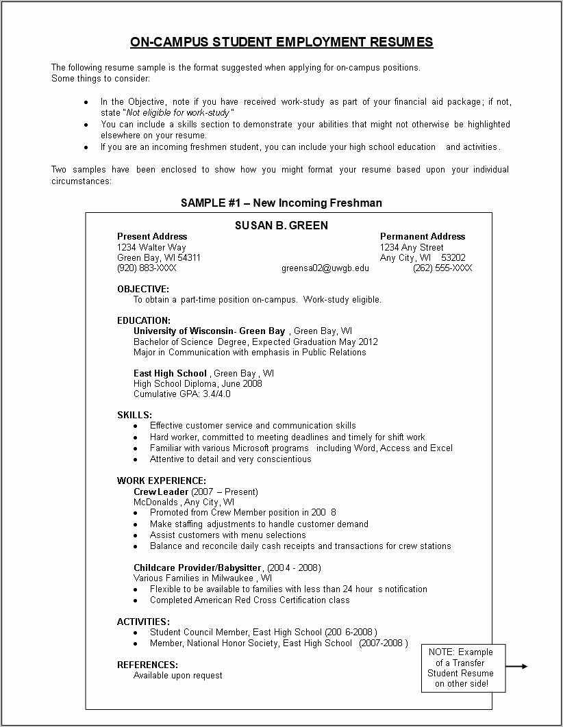 Sample Resume Of A Transfer Student