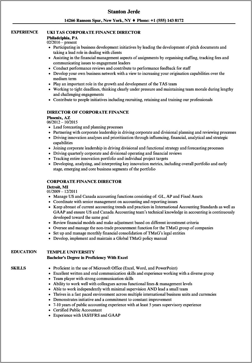 Sample Resume Of An Executive Finance