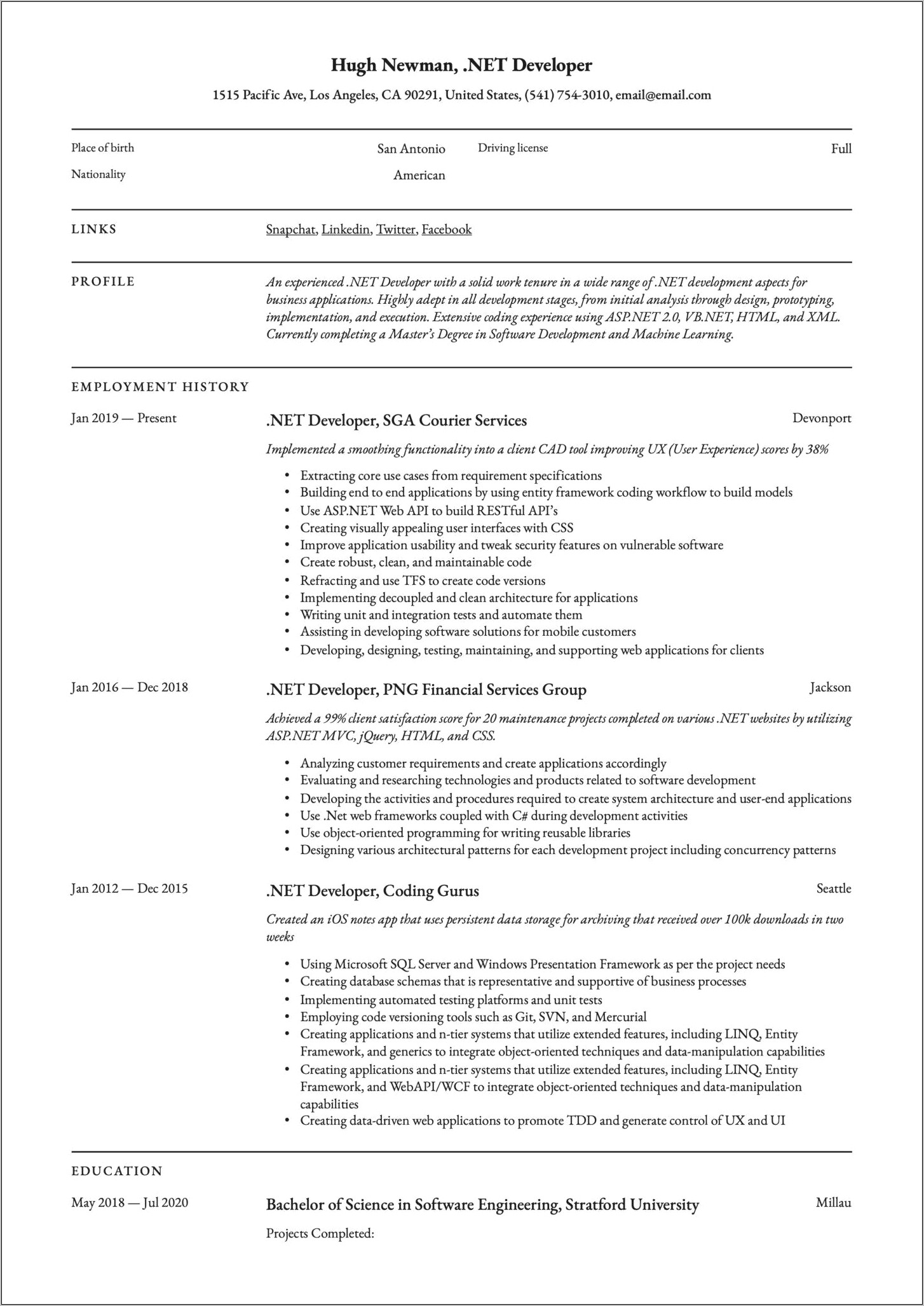 Sample Resume Of Asp Net Developer