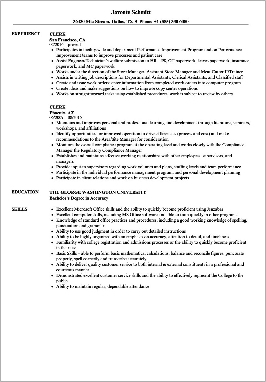 Sample Resume Of Clerk Typist For Fire Department
