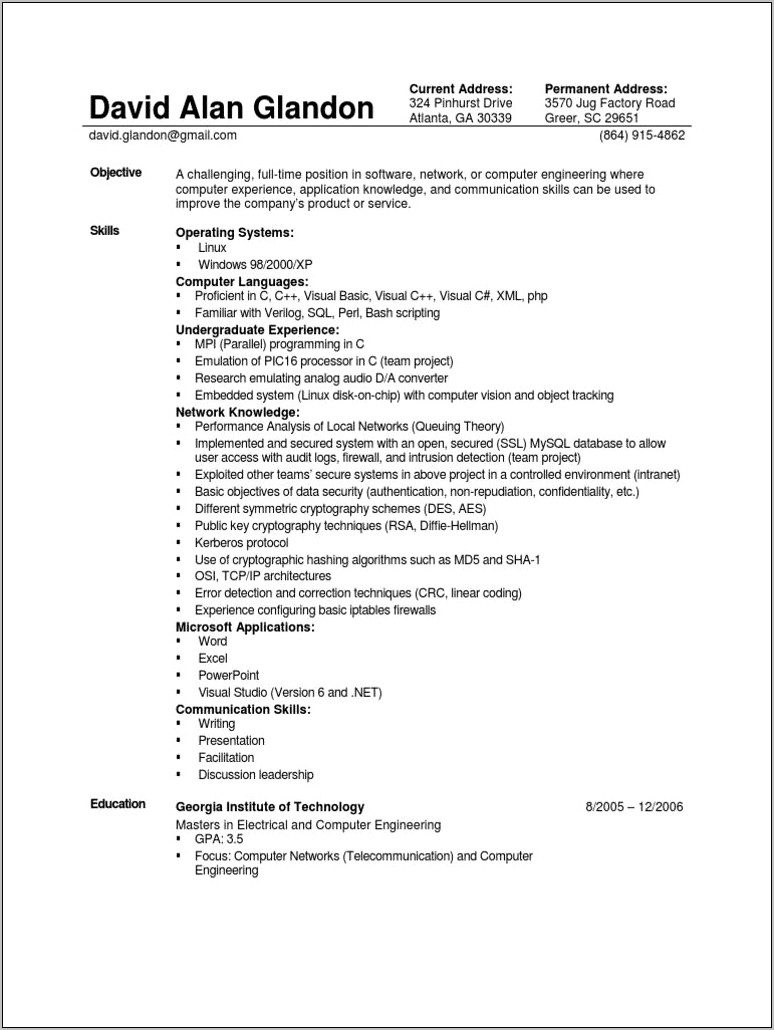 Sample Resume Of Computer And Electrical Enginerring Studedents