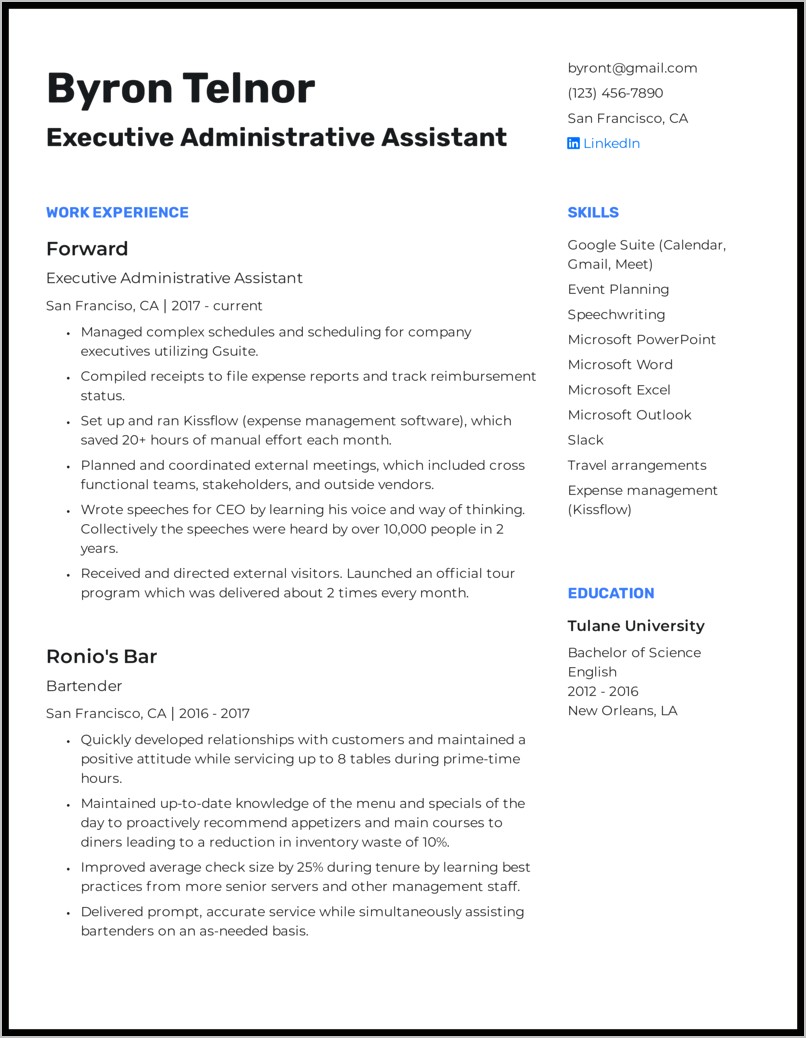Sample Resume Of Executive Assistant To Ceo