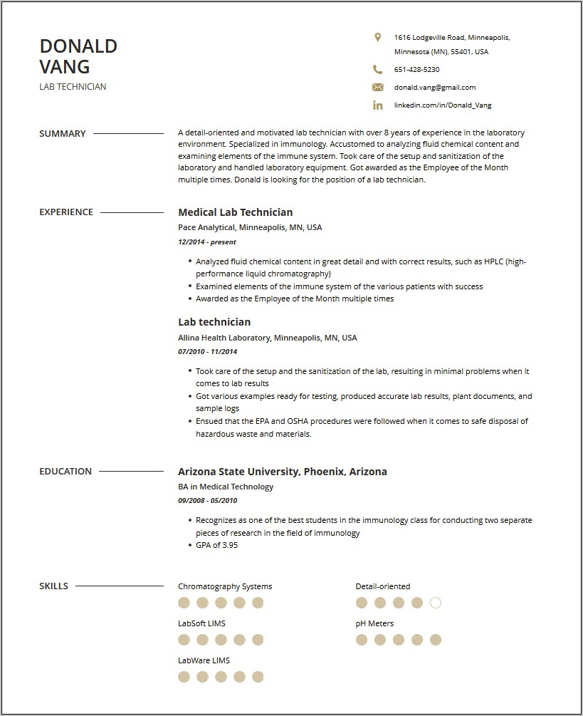 Sample Resume Of Health Technician Laboratory