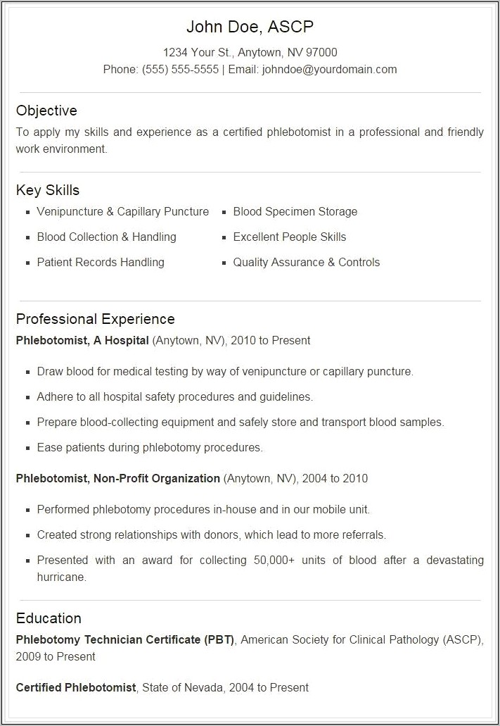 Sample Resume Of Health Technician Phlebotomy