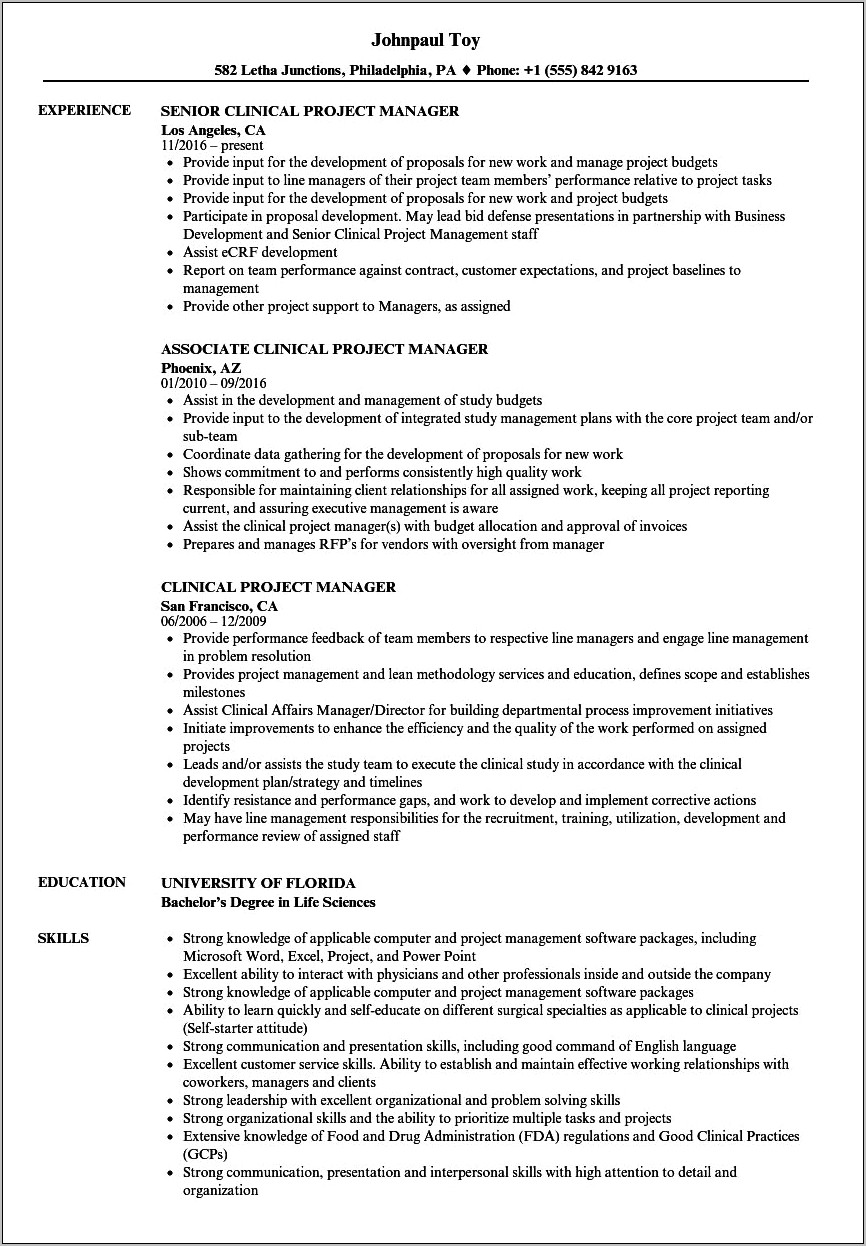 Sample Resume Of Healthcare Project Manager