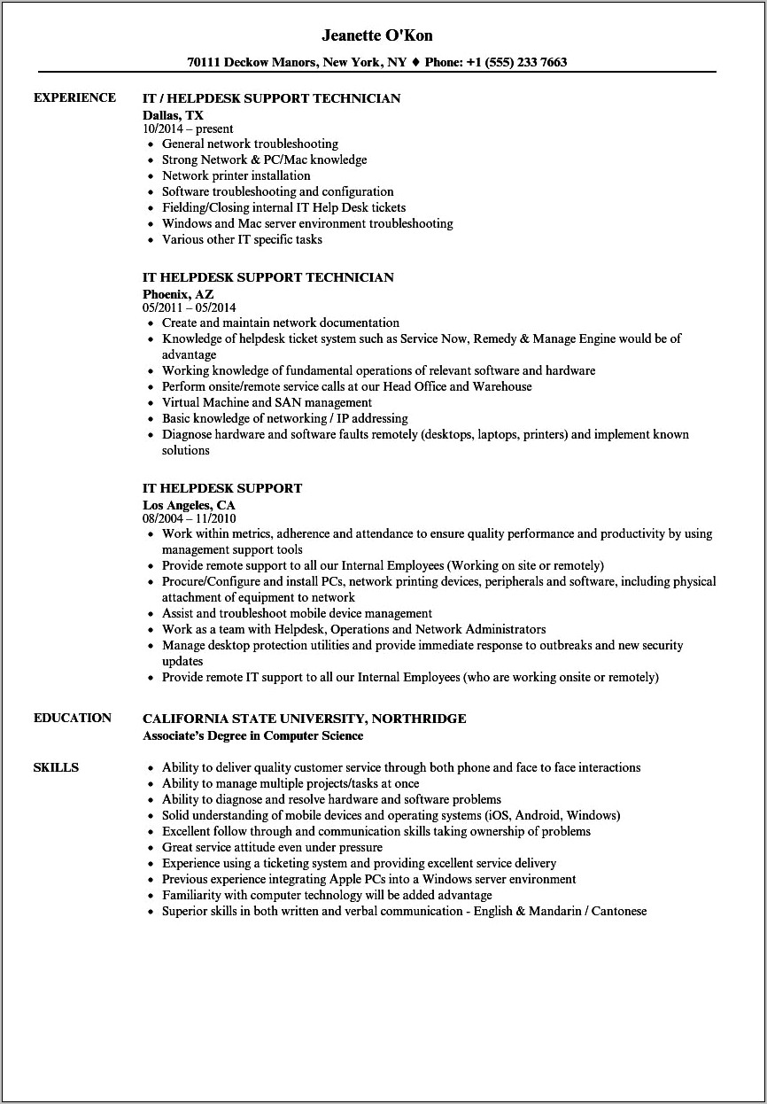 Sample Resume Of Help Desk Technician