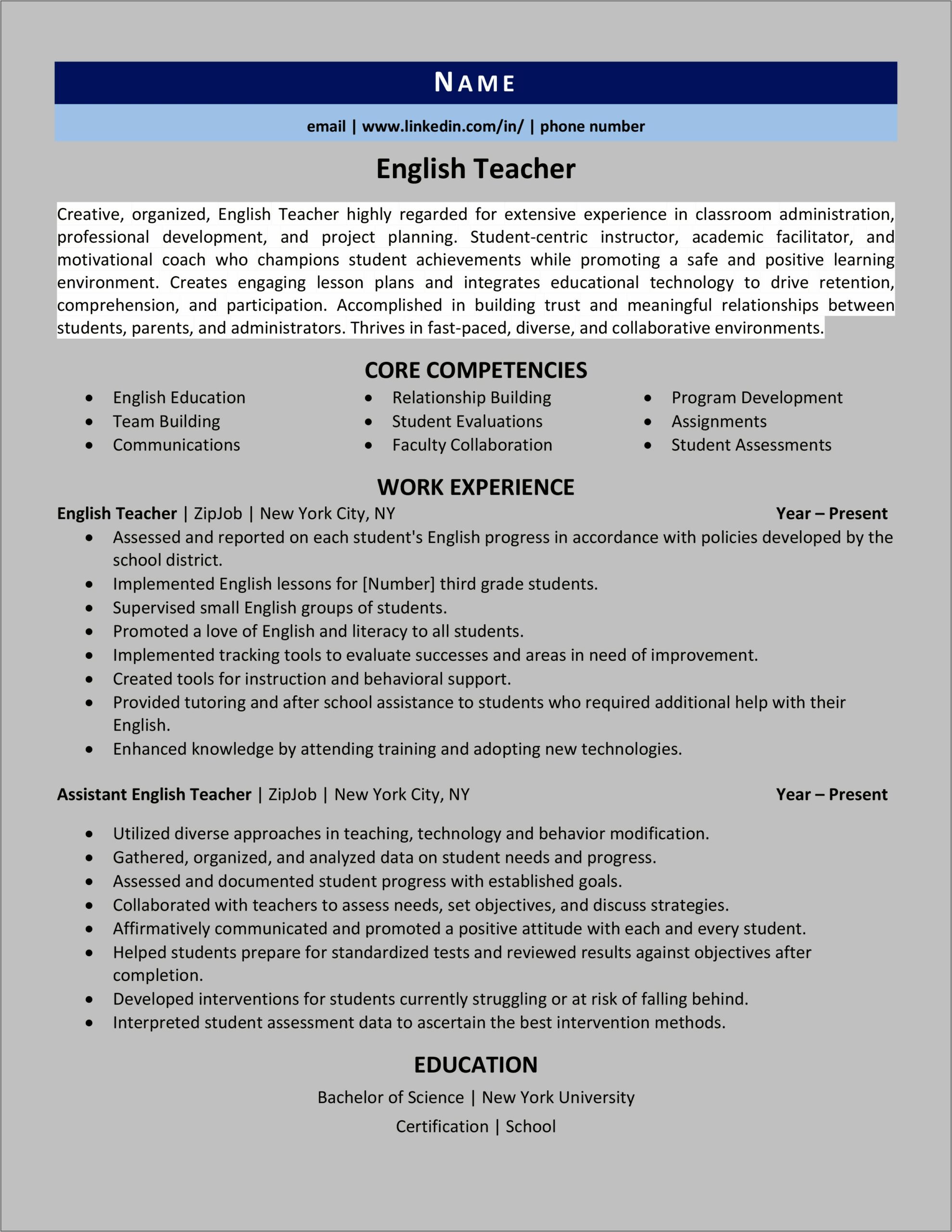 Sample Resume Of High School English Teacher