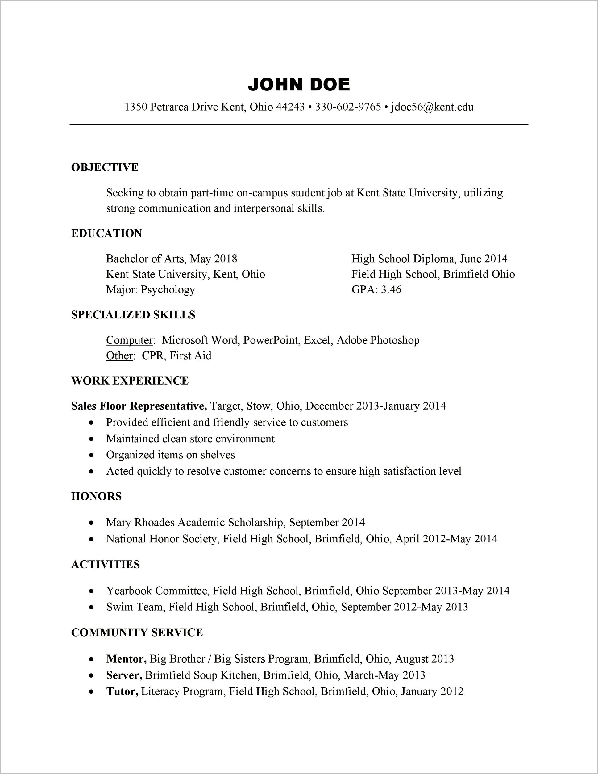 Sample Resume Of High School Student For College