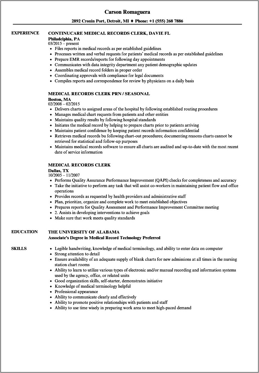 Sample Resume Of Hospital Admitting Clerk