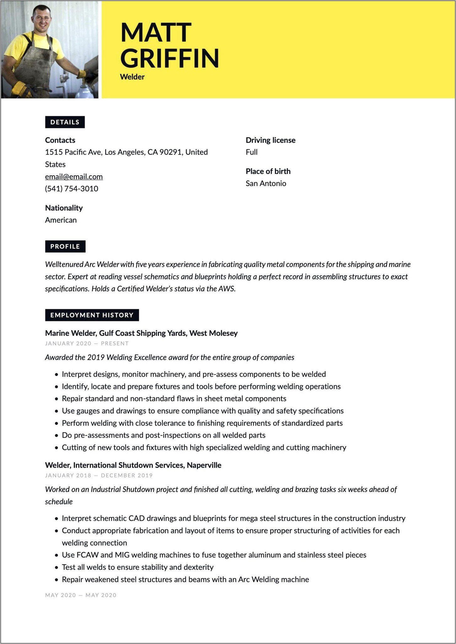 Sample Resume Of Machinist And Welder