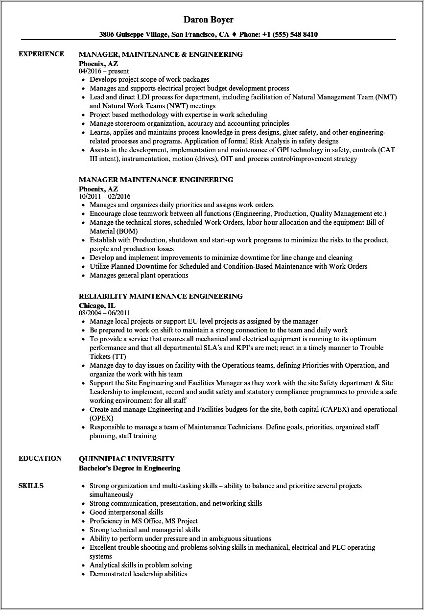 Sample Resume Of Mechanical Maintenance Engineer