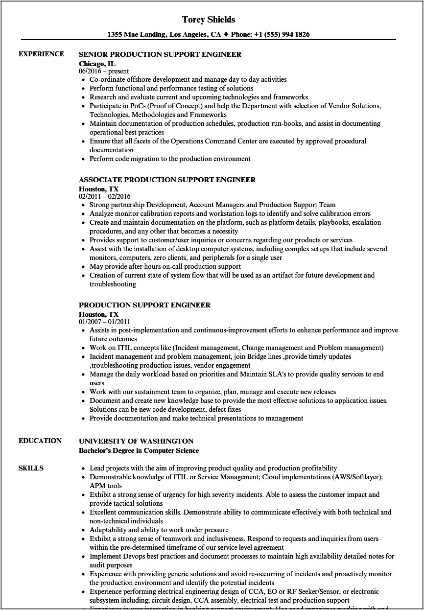 Sample Resume Of Product Support Engineer