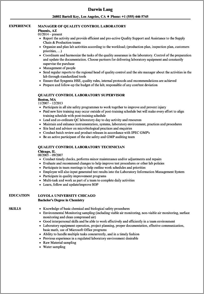 Sample Resume Of Qc In Pharma Industry